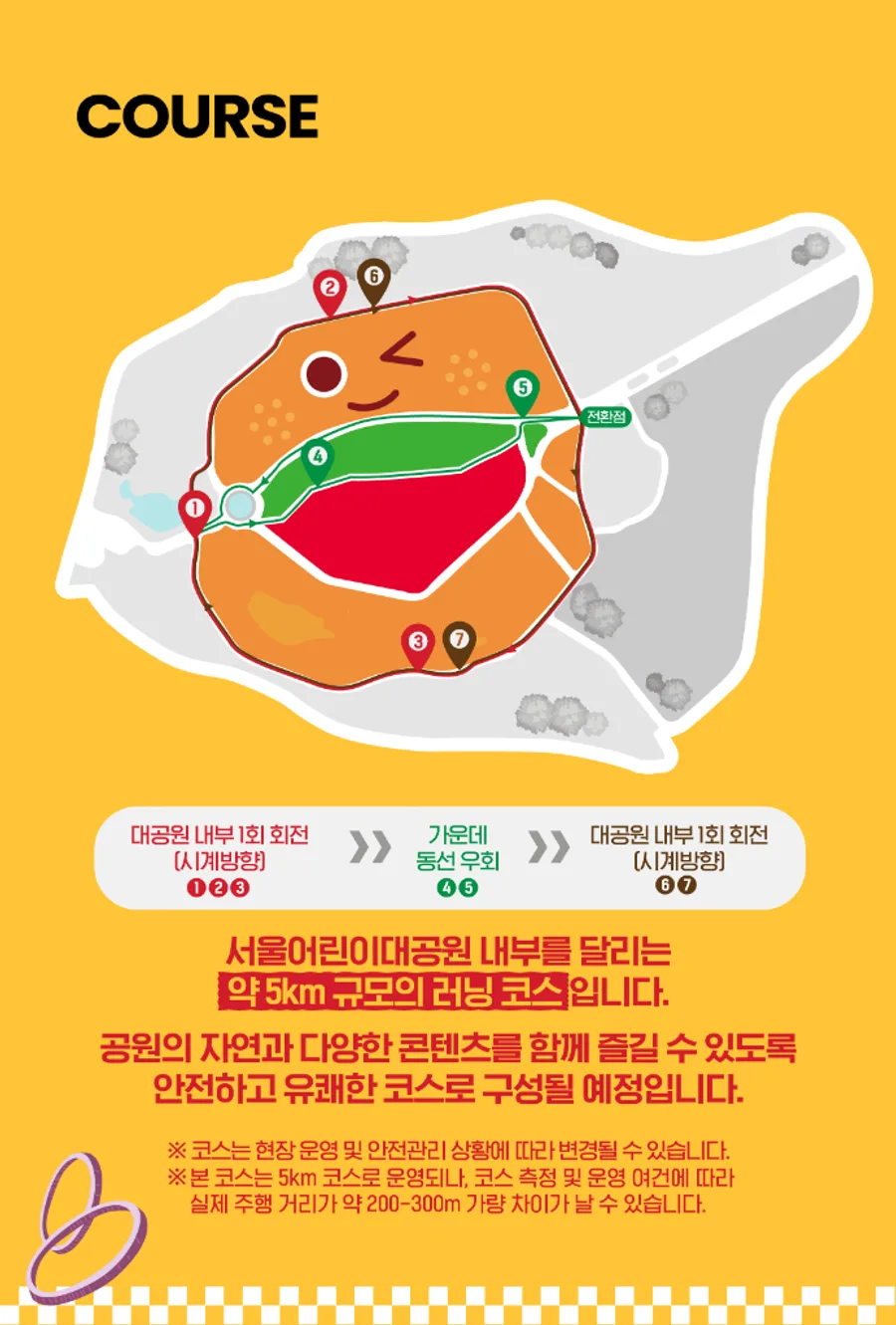 2026 리아는 배불런 공식 코스 안내 — 서울어린이대공원 내부 약 5km, 시계방향 1회전 후 가운데 동선 우회, 다시 시계방향 1회전