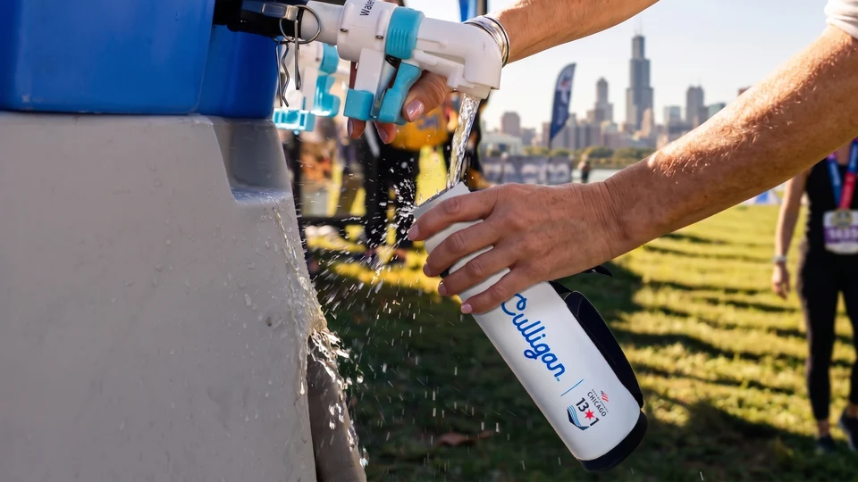 개인 물병에 물을 채우는 Culligan 리필 급수 설비의 공개 이미지